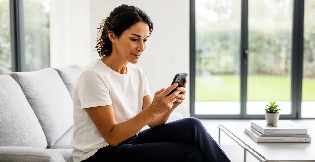 Donna italiana consulta smartphone seduta su divano in salotto luminoso