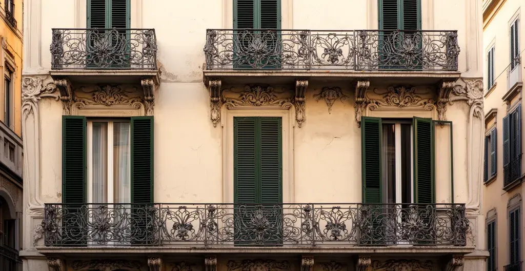 Facciata di palazzo residenziale stile Liberty con balconi in ferro battuto a Milano