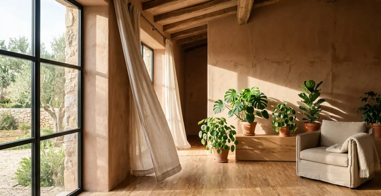 Ambiente domestico luminoso con materiali naturali e qualità dell'aria ottimale