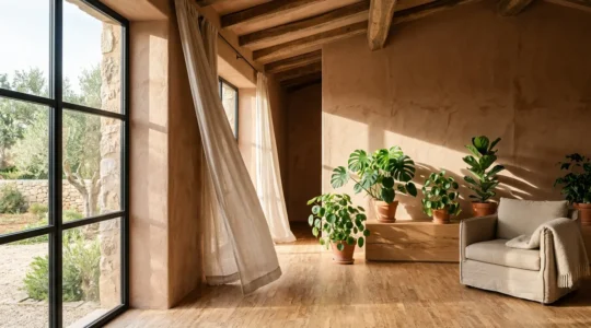 Ambiente domestico luminoso con materiali naturali e qualità dell'aria ottimale