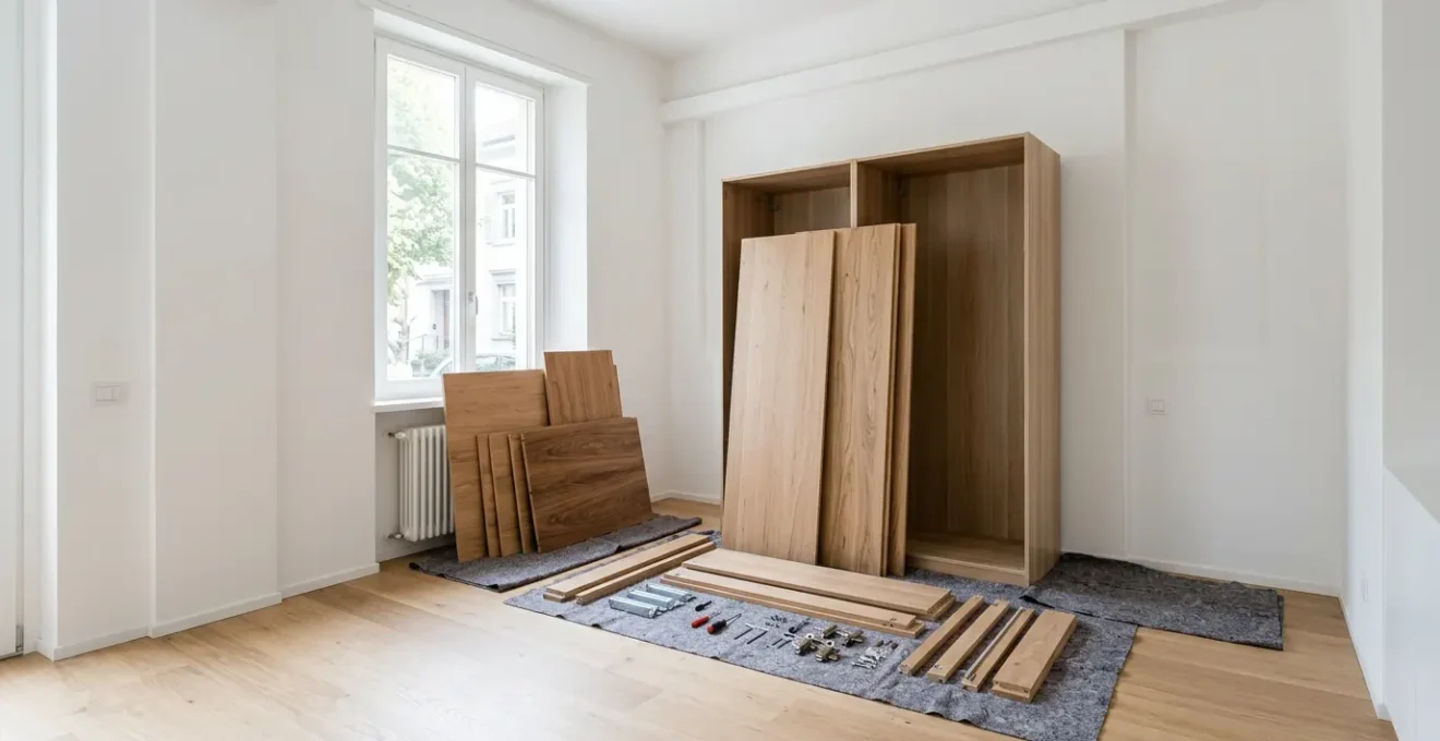 Armadio smontato durante un trasloco con pannelli appoggiati alla parete