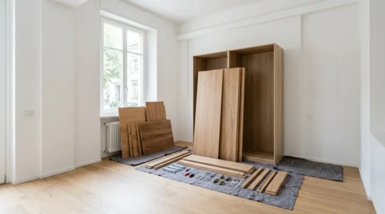 Armadio smontato durante un trasloco con pannelli appoggiati alla parete