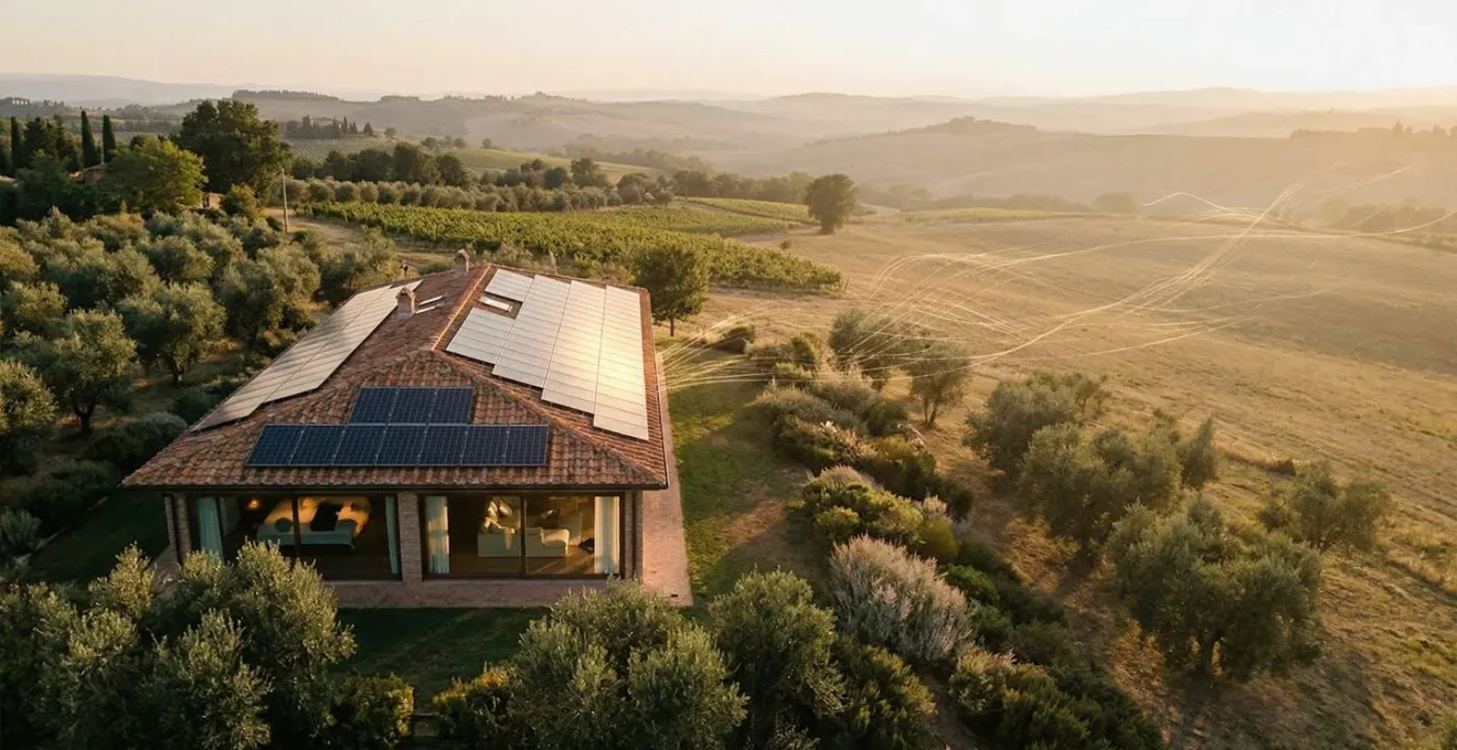 Vista dall'alto di una casa italiana moderna con pannelli solari sul tetto durante le ore di picco solare con elettrodomestici visibili attraverso le finestre