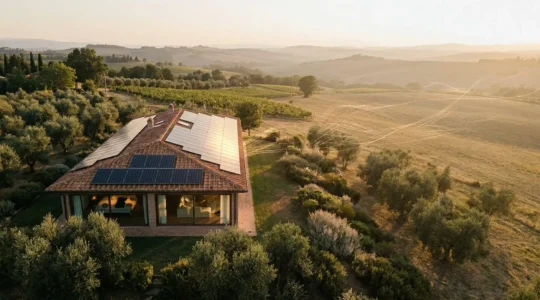 Vista dall'alto di una casa italiana moderna con pannelli solari sul tetto durante le ore di picco solare con elettrodomestici visibili attraverso le finestre