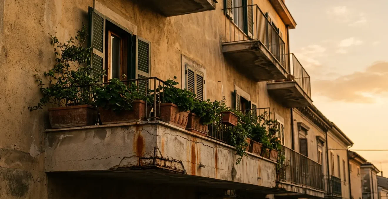 Vista laterale di un balcone in cemento armato con crepe visibili e segni di cedimento strutturale