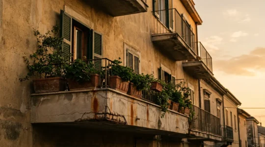Vista laterale di un balcone in cemento armato con crepe visibili e segni di cedimento strutturale
