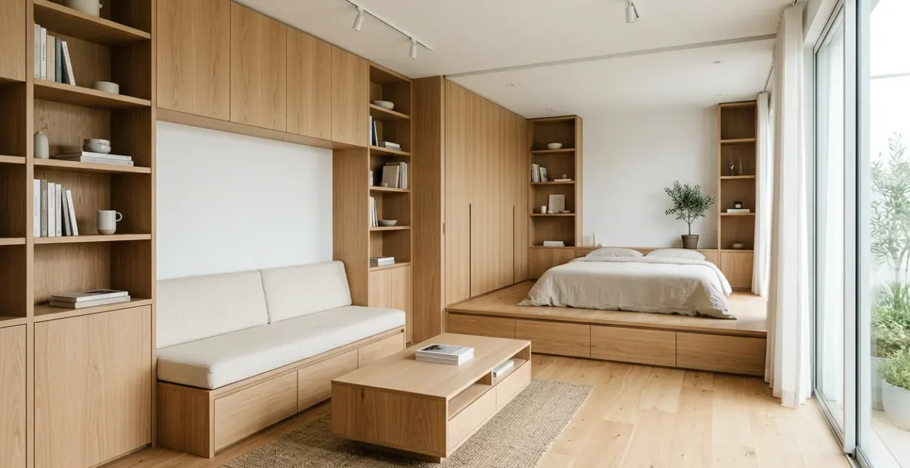 Interno di un bilocale moderno di 60 mq con mobili su misura in legno chiaro che ottimizzano gli spazi