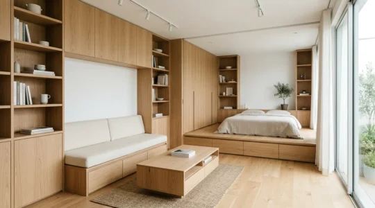 Interno di un bilocale moderno di 60 mq con mobili su misura in legno chiaro che ottimizzano gli spazi