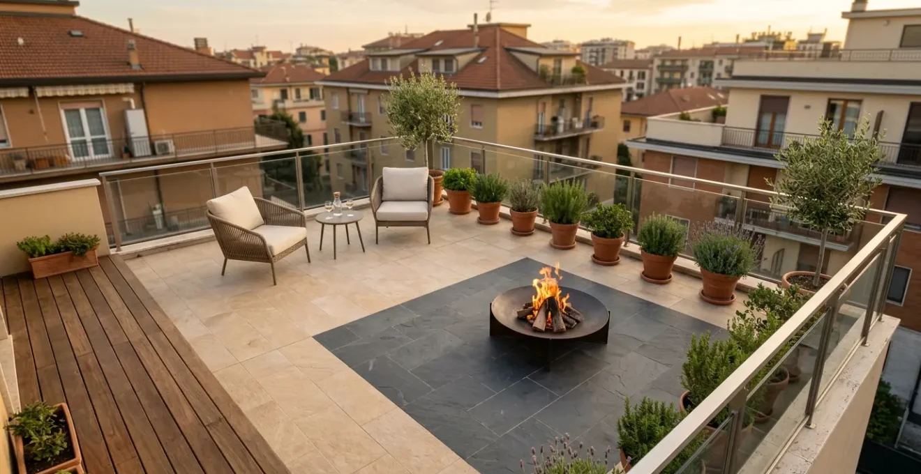 Vista aerea di un terrazzo condominiale con braciere posizionato in sicurezza