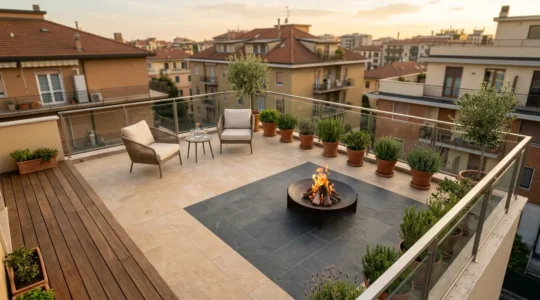 Vista aerea di un terrazzo condominiale con braciere posizionato in sicurezza