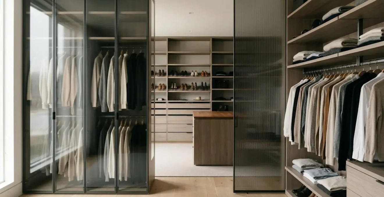 Cabina armadio aperta moderna con ante in vetro fumé e organizzazione intelligente contro la polvere