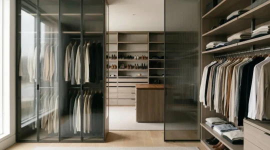 Cabina armadio aperta moderna con ante in vetro fumé e organizzazione intelligente contro la polvere