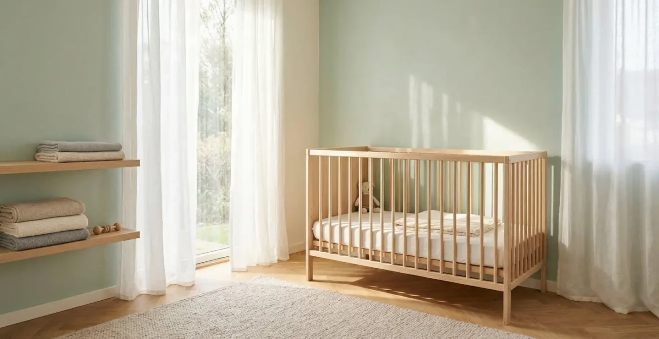 Cameretta luminosa con pareti color pastello e culla in legno naturale