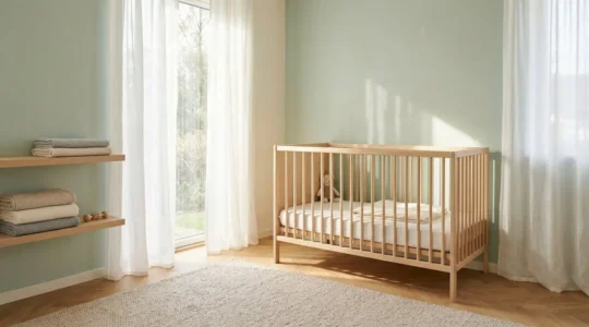 Cameretta luminosa con pareti color pastello e culla in legno naturale