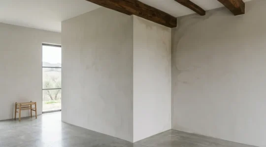 Vista angolare di una casa con cappotto termico e dettagli di problemi di muffa negli angoli interni