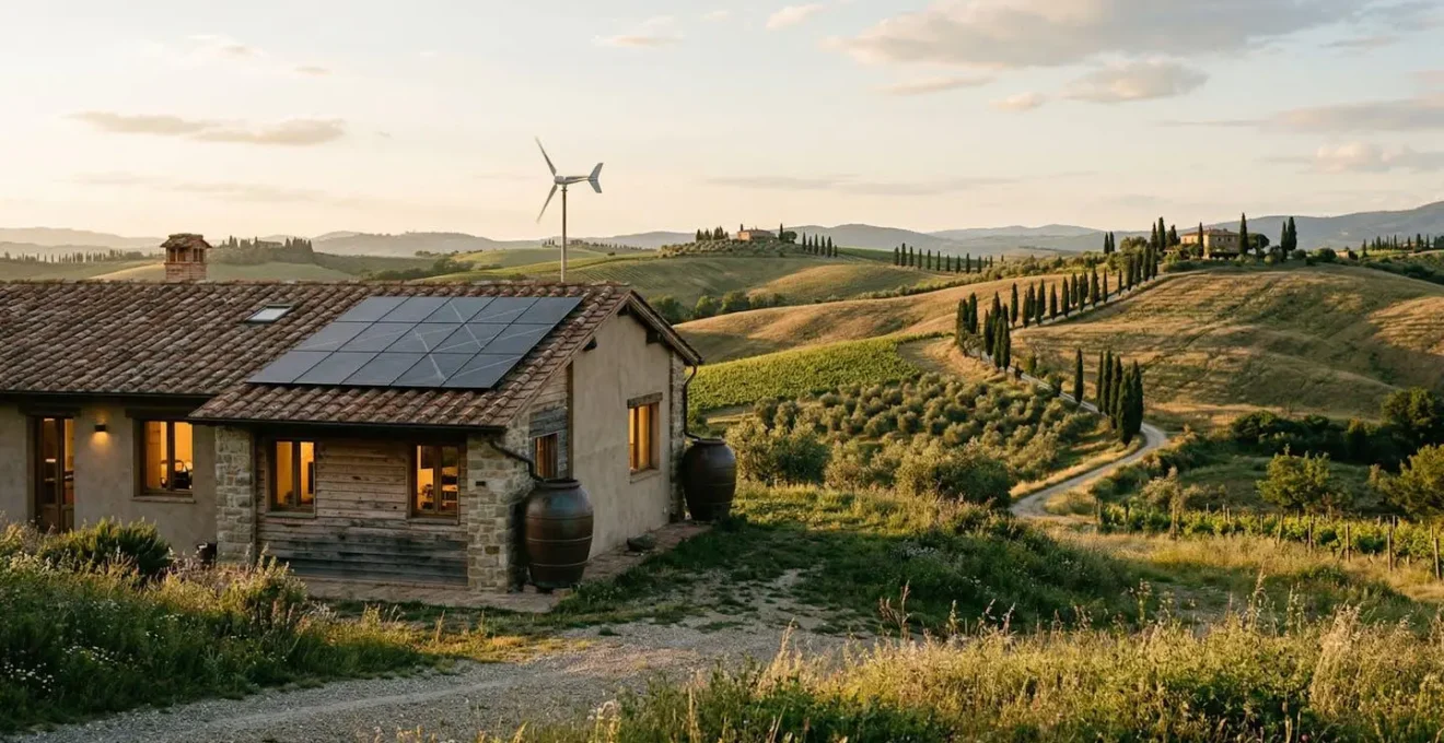Casa autosufficiente con pannelli solari immersa nella natura italiana