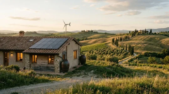 Casa autosufficiente con pannelli solari immersa nella natura italiana
