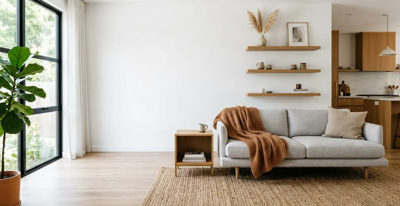 Soggiorno moderno con tocchi caldi, tessuti naturali e illuminazione stratificata