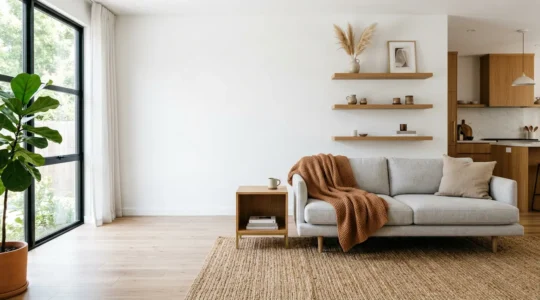 Soggiorno moderno con tocchi caldi, tessuti naturali e illuminazione stratificata