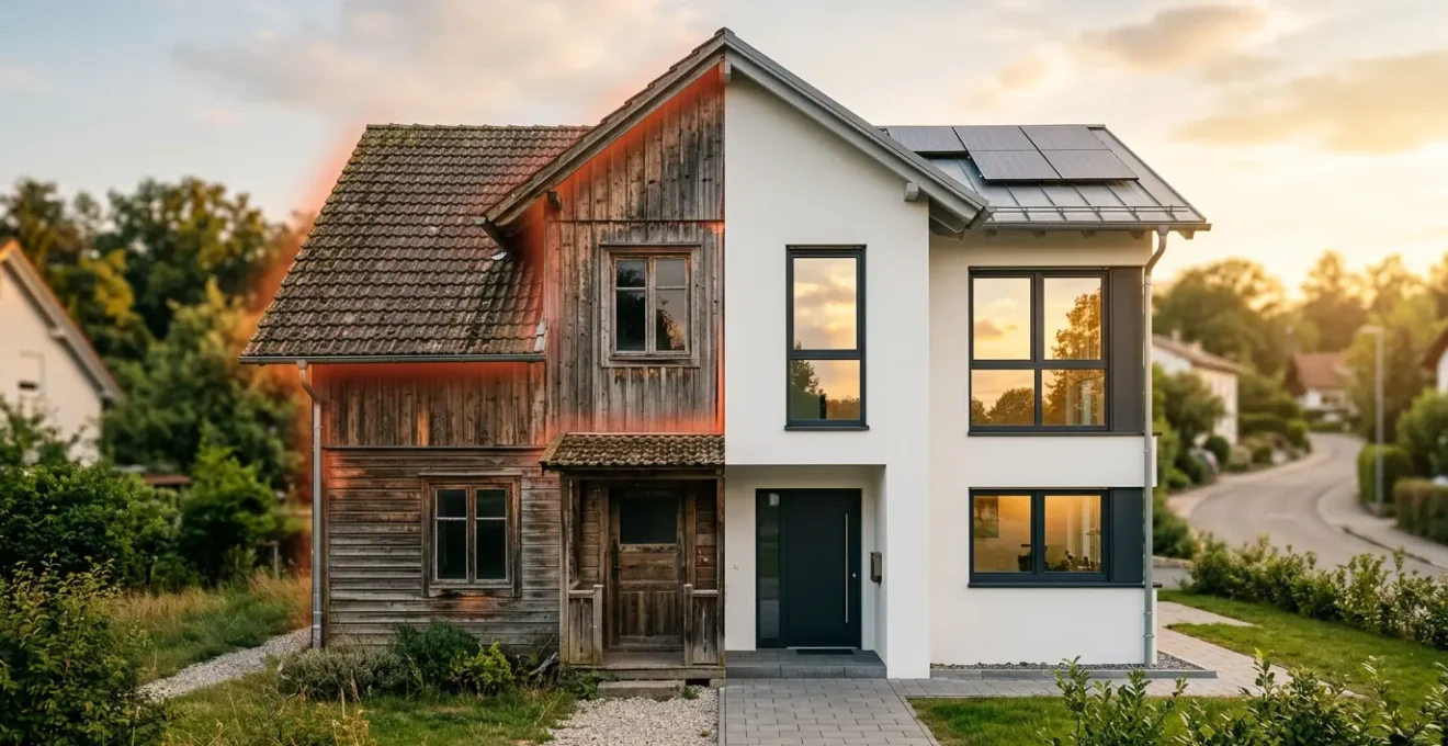 Vista laterale di una casa divisa in due metà che mostra il contrasto tra efficienza energetica bassa e alta