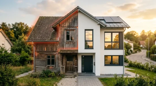 Vista laterale di una casa divisa in due metà che mostra il contrasto tra efficienza energetica bassa e alta