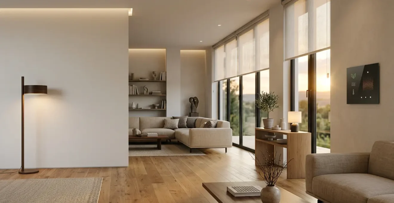 Vista panoramica di un soggiorno moderno con dispositivi domotici integrati e illuminazione intelligente