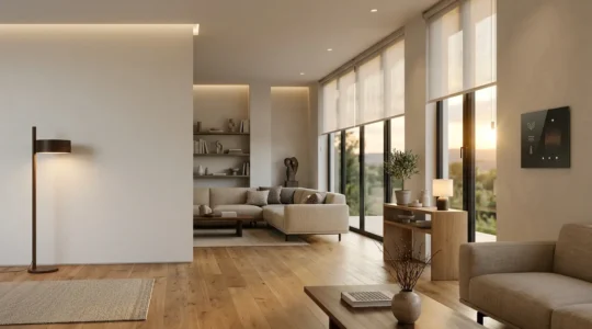 Vista panoramica di un soggiorno moderno con dispositivi domotici integrati e illuminazione intelligente