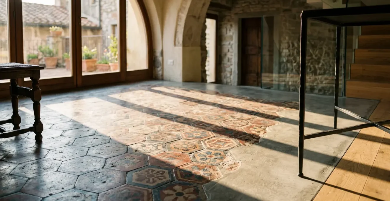 Pavimento in cementine decorative con zone di usura e dettagli colorati