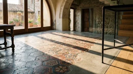 Pavimento in cementine decorative con zone di usura e dettagli colorati