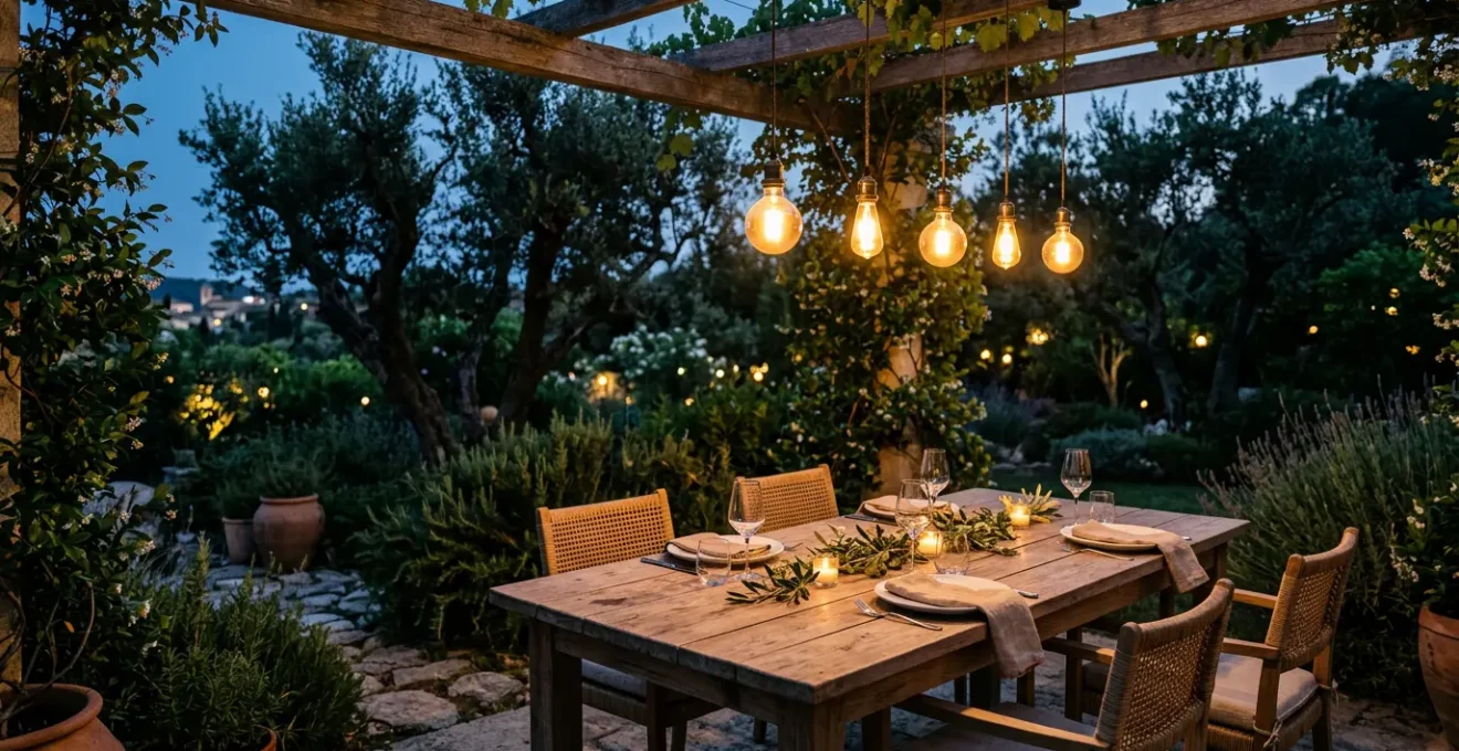 Tavolo elegante apparecchiato in giardino durante il crepuscolo con illuminazione calda sospesa