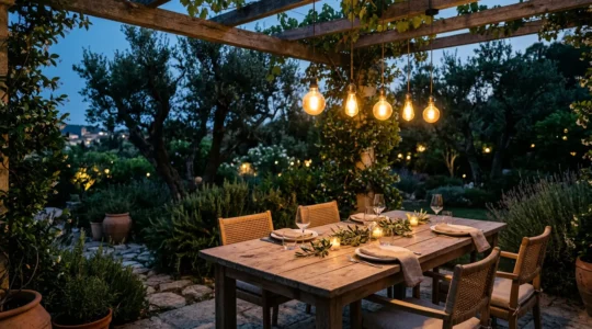 Tavolo elegante apparecchiato in giardino durante il crepuscolo con illuminazione calda sospesa