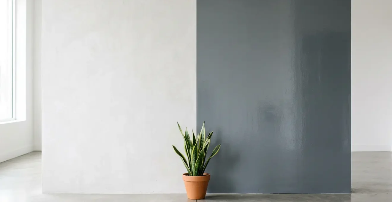 Confronto visivo tra vernici ecologiche senza VOC e vernici tradizionali in un interno domestico