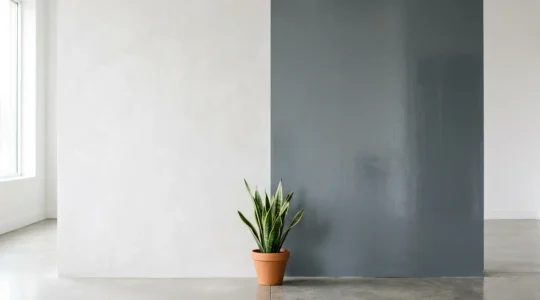 Confronto visivo tra vernici ecologiche senza VOC e vernici tradizionali in un interno domestico