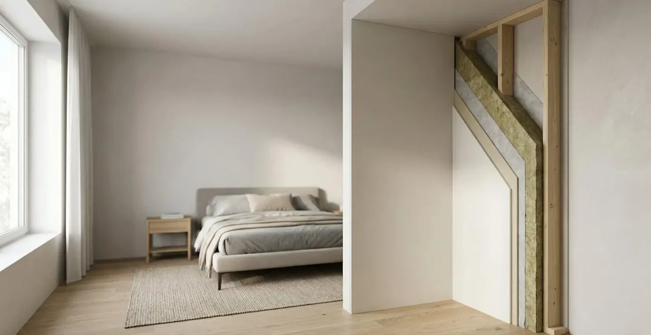 Controparete acustica sottile in camera da letto con dettaglio degli strati isolanti