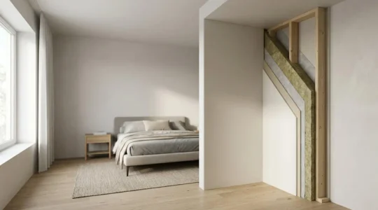 Controparete acustica sottile in camera da letto con dettaglio degli strati isolanti