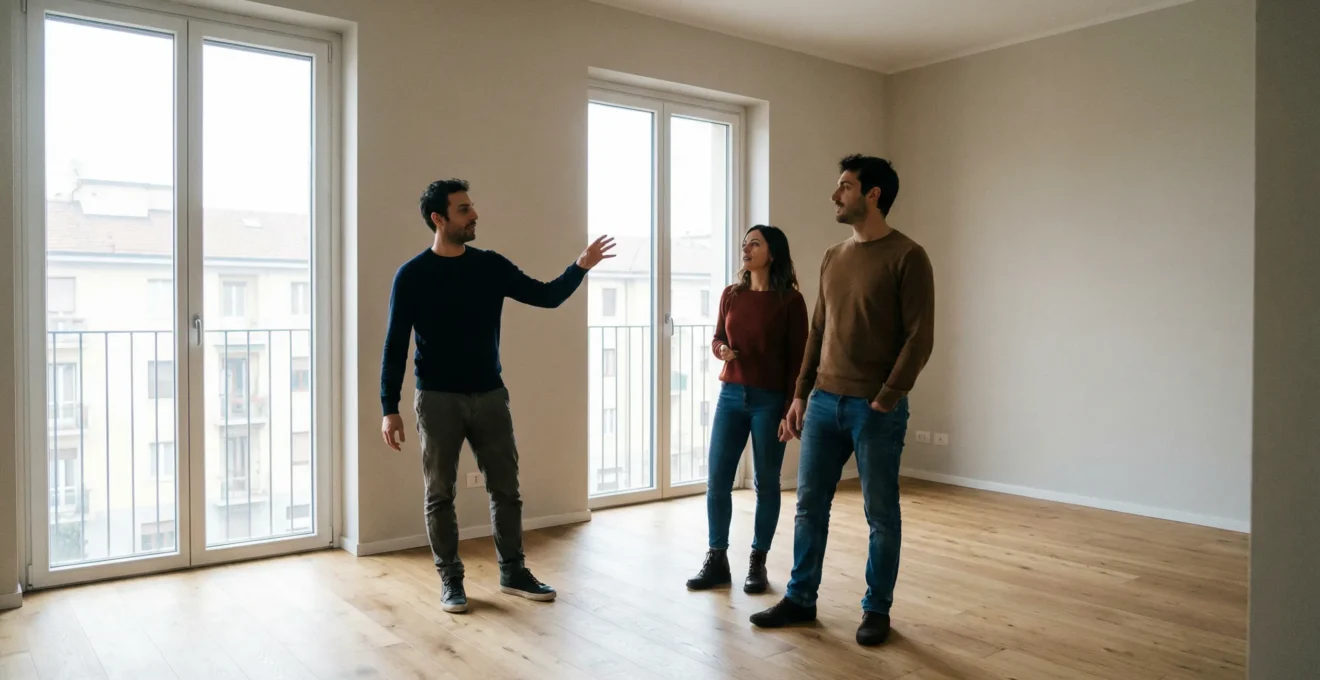 Coppia italiana visita appartamento vuoto a Milano valutando lo spazio