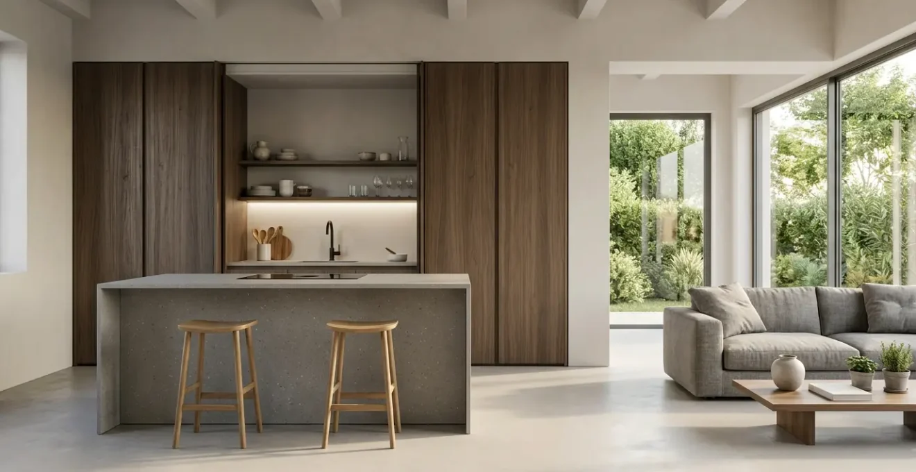 Cucina moderna con ante scorrevoli che nascondono il disordine