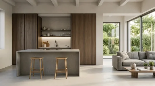 Cucina moderna con ante scorrevoli che nascondono il disordine