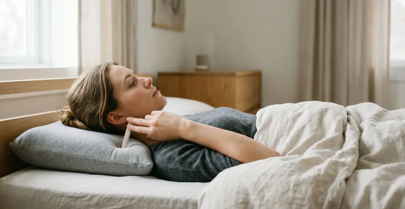 Profilo laterale di persona che testa l'altezza del cuscino cervicale