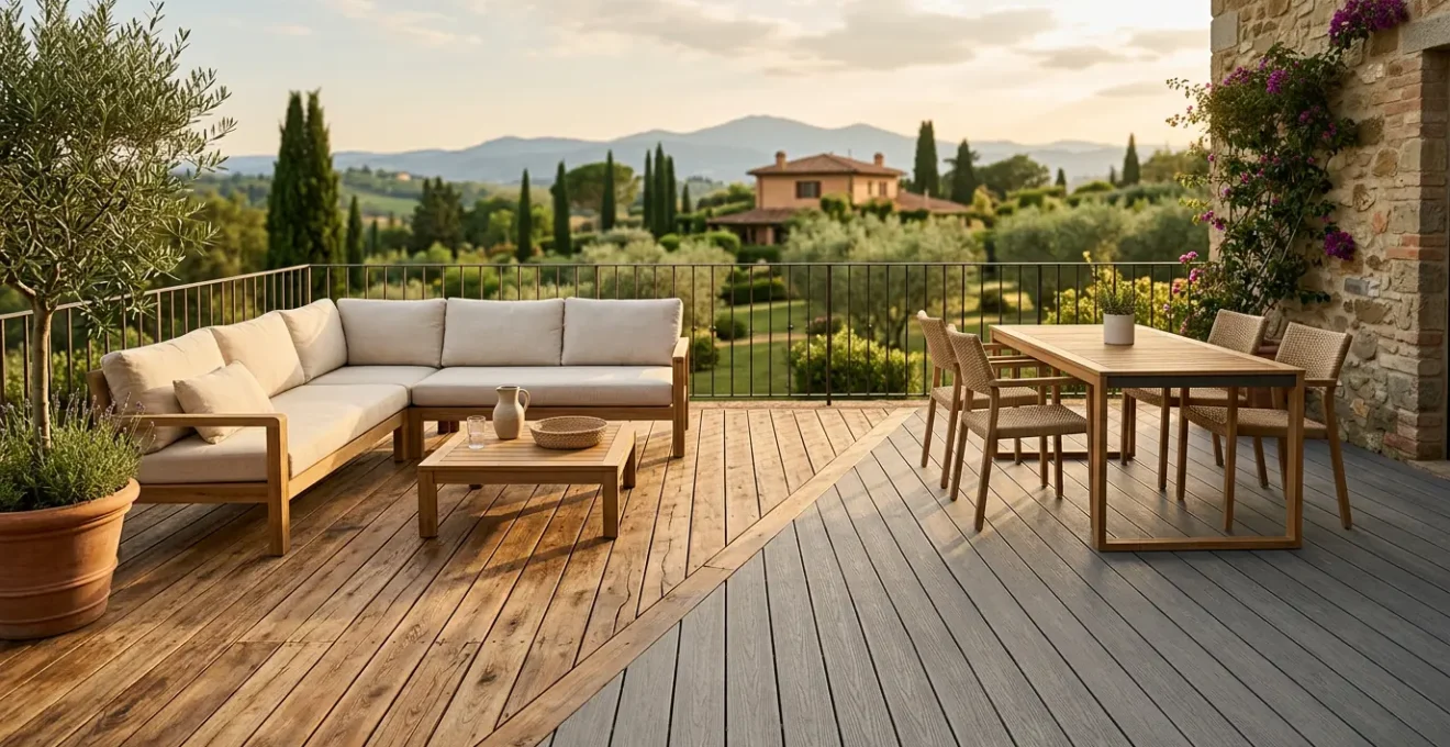 Terrazza esterna con pavimentazione in decking che mostra il contrasto tra legno naturale e composito WPC