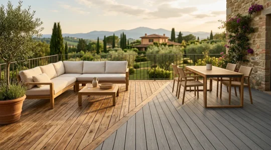 Terrazza esterna con pavimentazione in decking che mostra il contrasto tra legno naturale e composito WPC