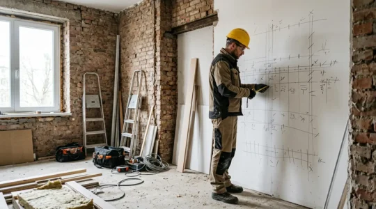 Operaio con casco protettivo valuta parete interna prima della demolizione