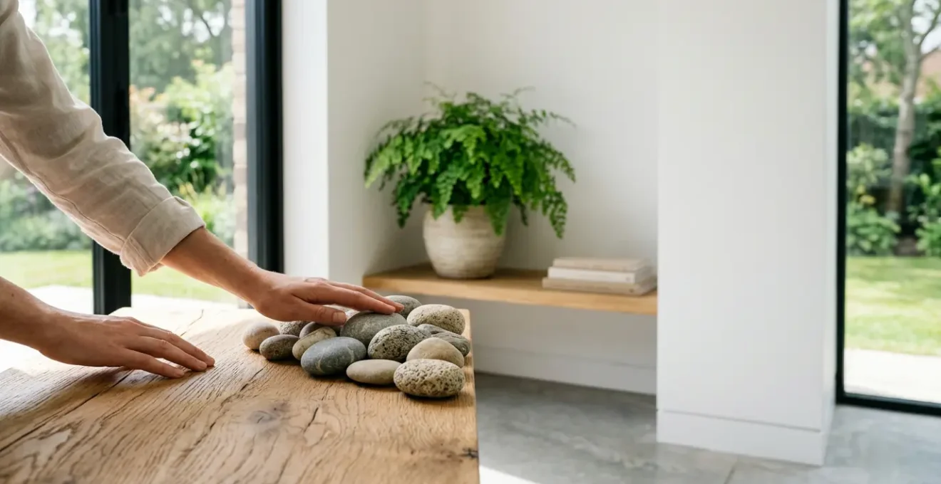 Ambiente domestico biofilico con superfici naturali di legno e pietra che creano atmosfera rilassante