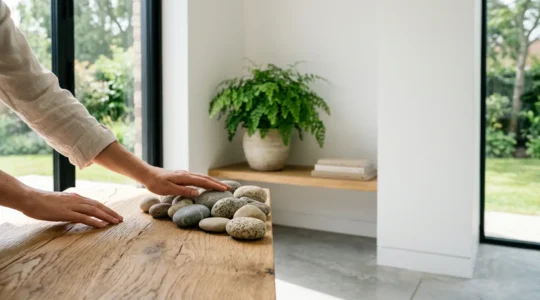Ambiente domestico biofilico con superfici naturali di legno e pietra che creano atmosfera rilassante