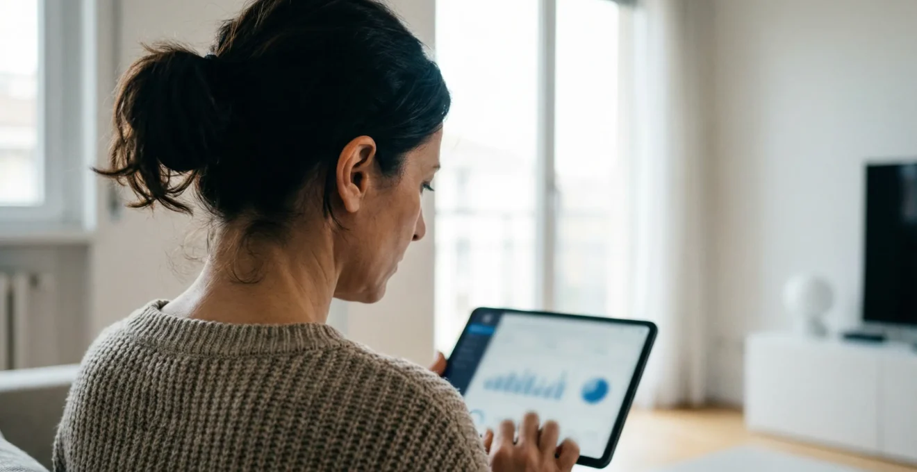 Donna italiana consulta dati immobiliari su tablet nel suo appartamento milanese