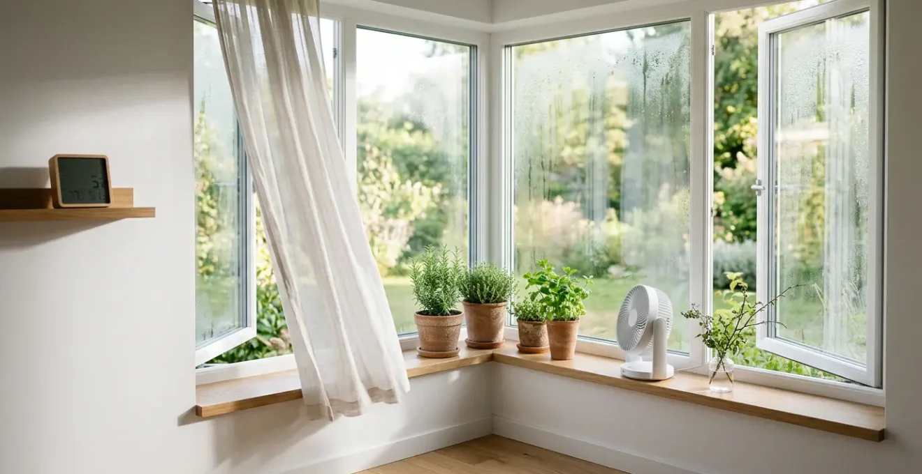 Vista ampia di un angolo domestico con problemi di umidità e soluzioni naturali per eliminarla