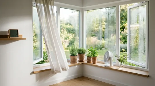 Vista ampia di un angolo domestico con problemi di umidità e soluzioni naturali per eliminarla