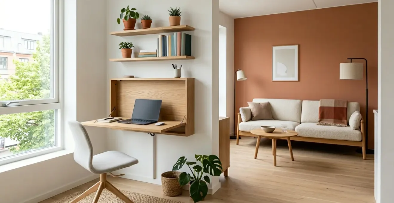 Angolo home office ergonomico integrato in un bilocale moderno con scrivania minimalista e sedia design