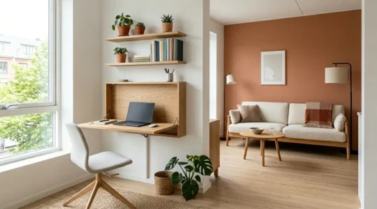 Angolo home office ergonomico integrato in un bilocale moderno con scrivania minimalista e sedia design