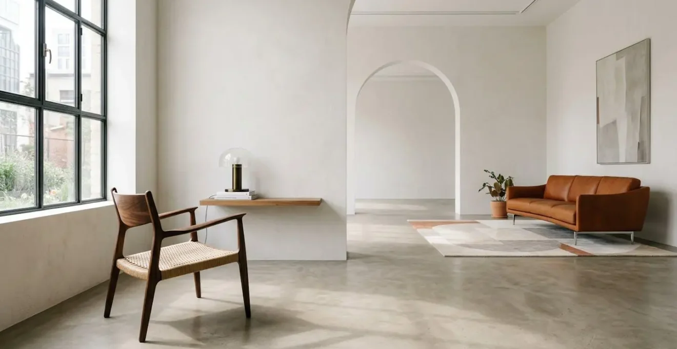 Vista panoramica di pezzi iconici del design italiano degli anni '50 e '60 in un ambiente elegante